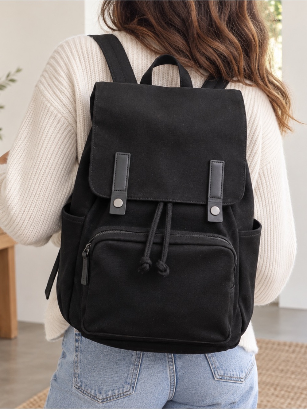 Everlane Modern Snap Backpack Black Canvas Laptop Bag Unisex